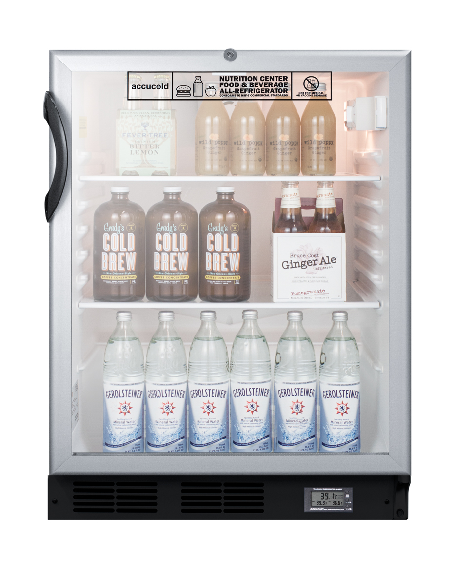 Commercially approved ADA compliant Nutrition Center series glass door all-refrigerator for built-in or freestanding use, with front lock and digital temperature display